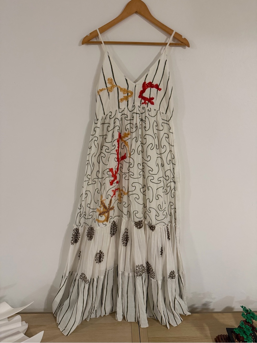 White Embroidered Maxi Dress with Red & Gold Accents
